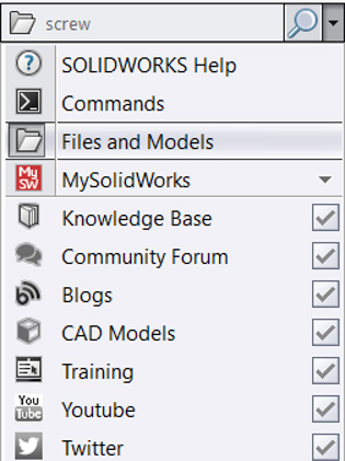 مشخص کردن نوع search یا جست و جو در نرم افزار solidworks 2020